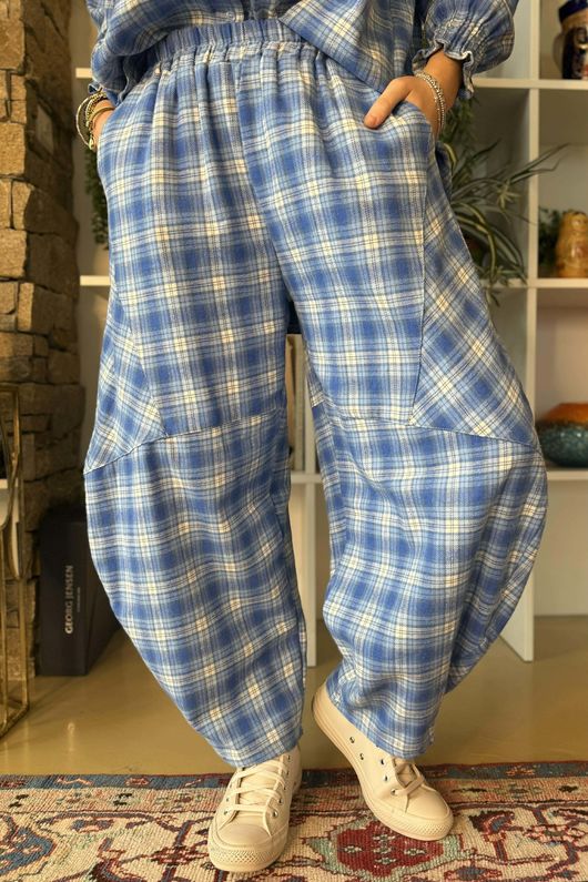 Patrick Plaid Brushed Cotton Barrel Pant Soft Cobalt